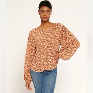 New Joie Jenny Woven Floral Umber Button Front Balloon Sleeve Top S Boho Chic